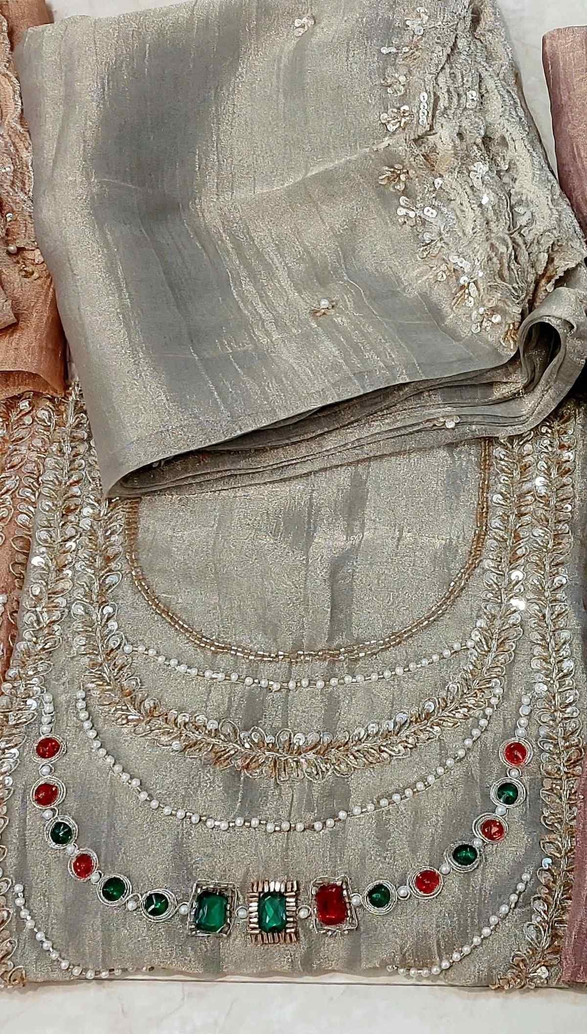 Kanjivaram neck handwork – silver grey – image 2